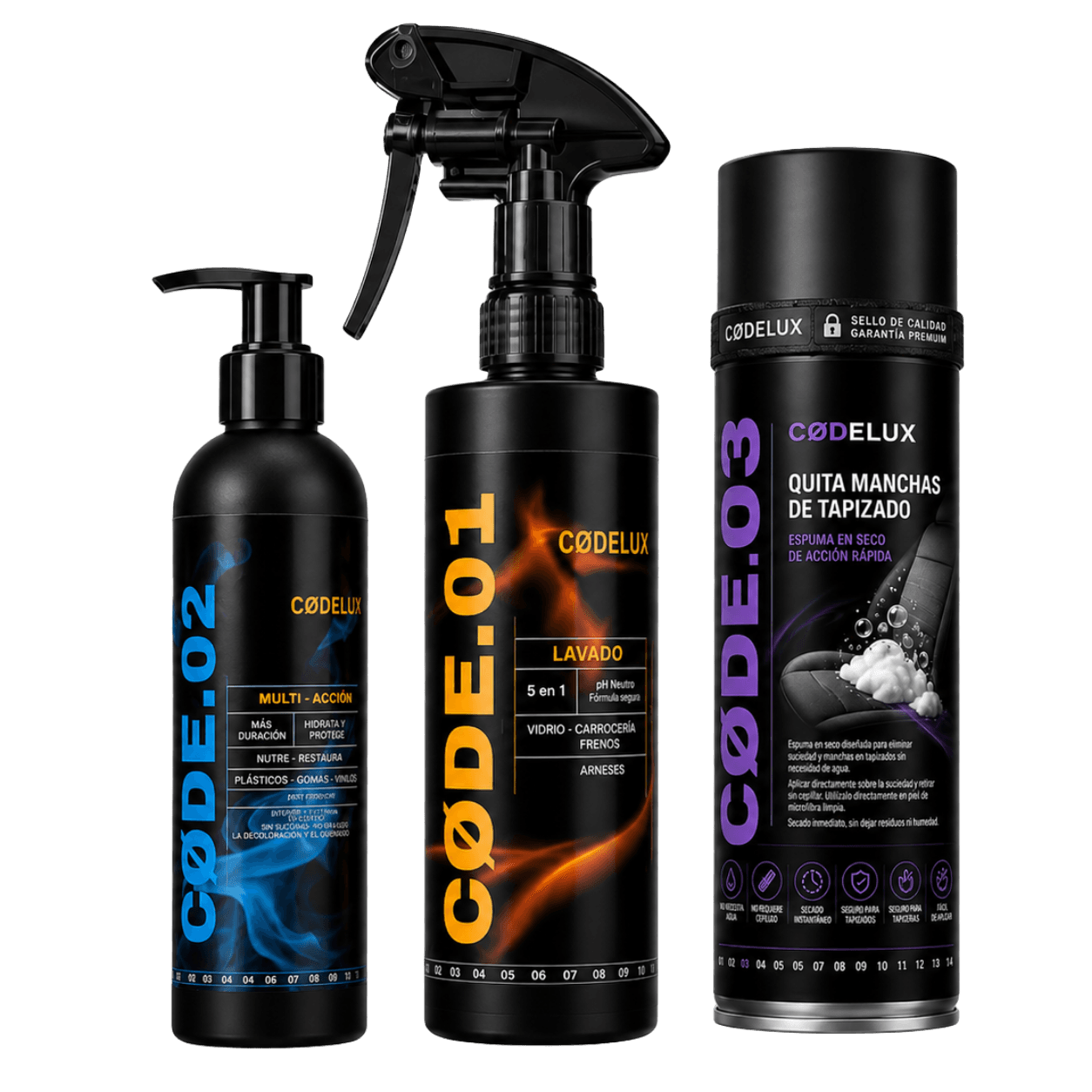 Productos premium CODELUX para limpieza de auto y hogar